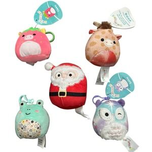 5 PC Squishmallow Clips Lot Nick Santa Zuni Giraffe‎ Solina Owl Cleary Frog